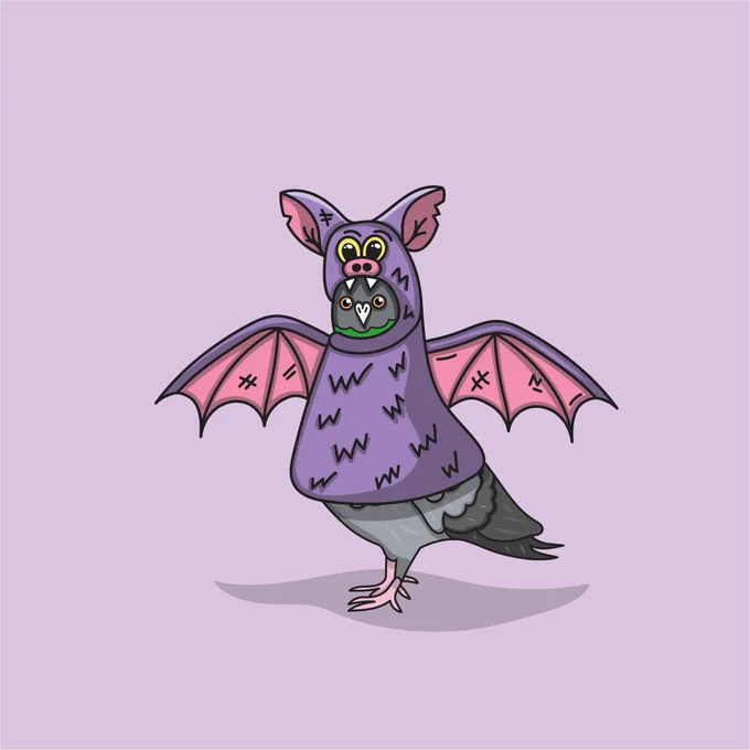 Pigeon vector illustration in a purple bat costume. Created by Been Creating in West Sussex.