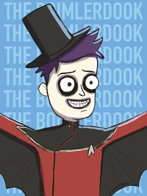 Messy digital ink drawing of Boimler from Lower Decks dressed up as The Babadook, wearing a top hat and heavy black makeup. He has that typical Boimler anxious thousand yard stare and is holding his arms out to show little bat wings sewn into his uniform under the arms.