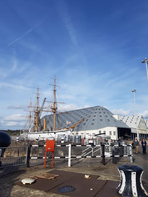 Wide angle naval warehouse and schooner at Chatham dockyard