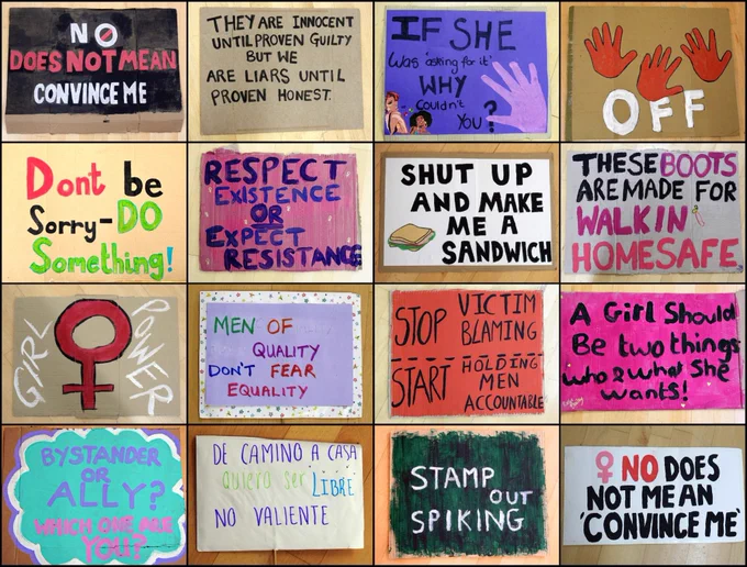 A grid of 16 protest placards