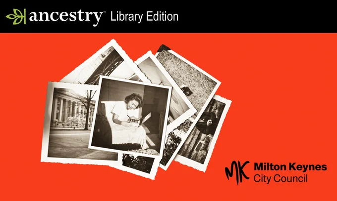 A pile of black and white photos on an orange background with the Ancestry Library Edition and Milton Keynes City Council logos.