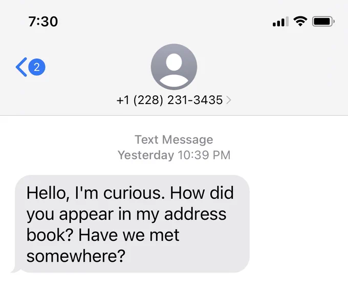 Text message from unknown person that reads “Hello, I’m curious. How did you appear in my address book? Have we met somewhere?”