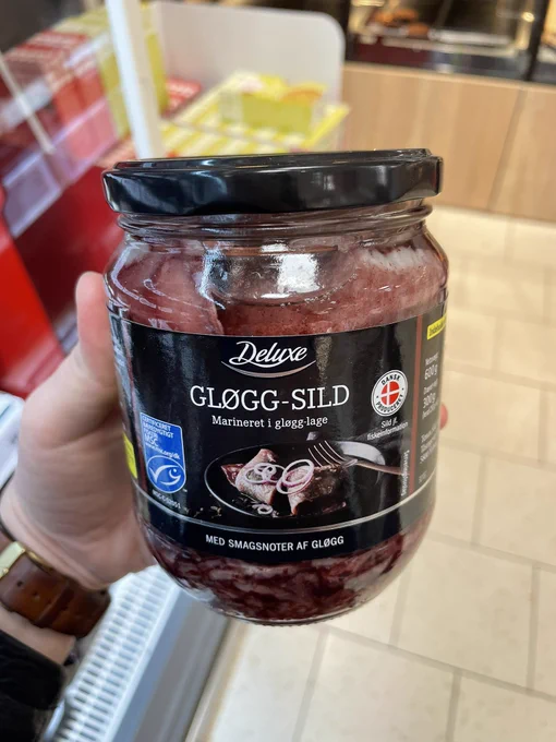 A jar of ‘gløgg sild’, which is Danish mulled wine herring