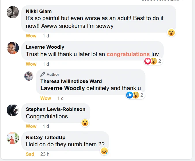 Nikki Glam: "It’s so painful but even worse as an adult! Best to do it now!"

That's not what Kevin MD says!
Laverne Woodly: "Trust he will thank u later lol"

Where do baby cutters get the idea?
BloodstainedMen.com

Stephen Lewis-Robinson: "Congradulations"

For torturing and mutilating a CHILD? 
https://www.doctorsopposingcircumcision.org/for-parents/reasons-to-keep-your-son-whole/

NieCey TattedUp: "Hold on do they numb them ??"

Usually not, and the 'numbing' is ineffective and does nothing to spare functions of foreskin.

29 March 2022
https://www.nature.com/articles/s41443-022-00551-x
Neonatal Infant Pain Scale in assessing pain and pain relief for newborn male circumcision
(Spoiler: There is NO effective pain relief for newborn circumcision.)