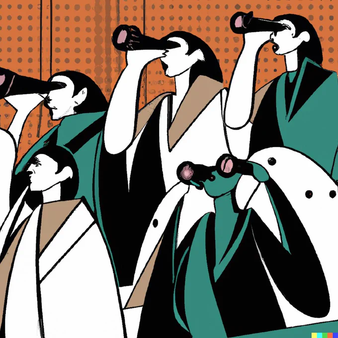 ai generated image: A graphic image of a group of women all with binoculars looking in different directions
