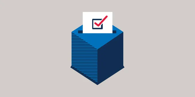 Digital illustration of a ballot with a checkmark in a ballot drop box.