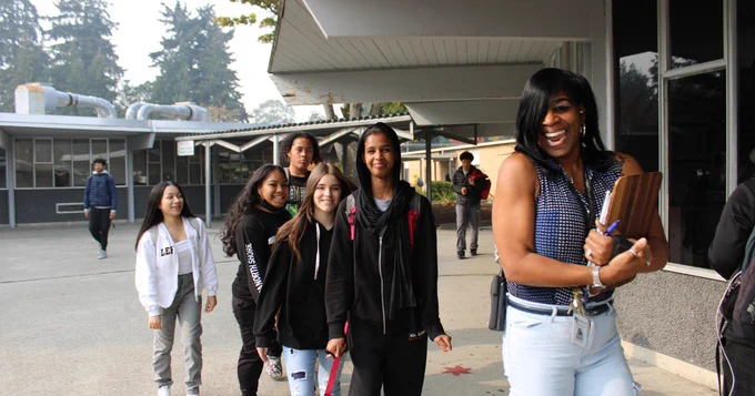 Principal Victoria Terry and students at Tyee campus.