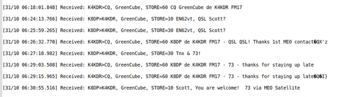 Log of received (digipeated) packets showing full-exchange contact between K8DP & K4KDR via GreenCube 1200 baud digipeater