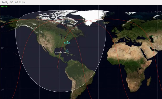 GreenCube orbit in GPredict covering all of North America & over half of South America