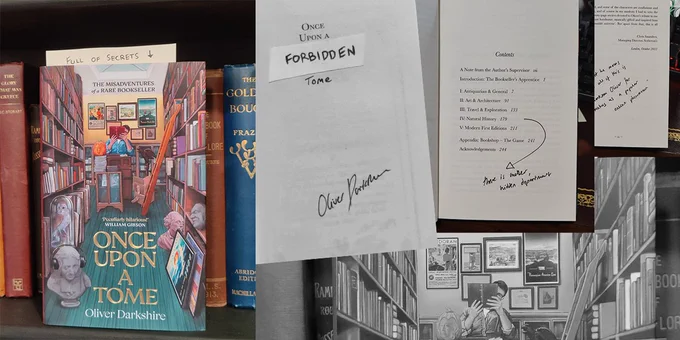 a desecrated copy of Oliver Darkshire's "Once Upon a Tome", labelled with notes such as FORBIDDEN and FULL OF SECRETS