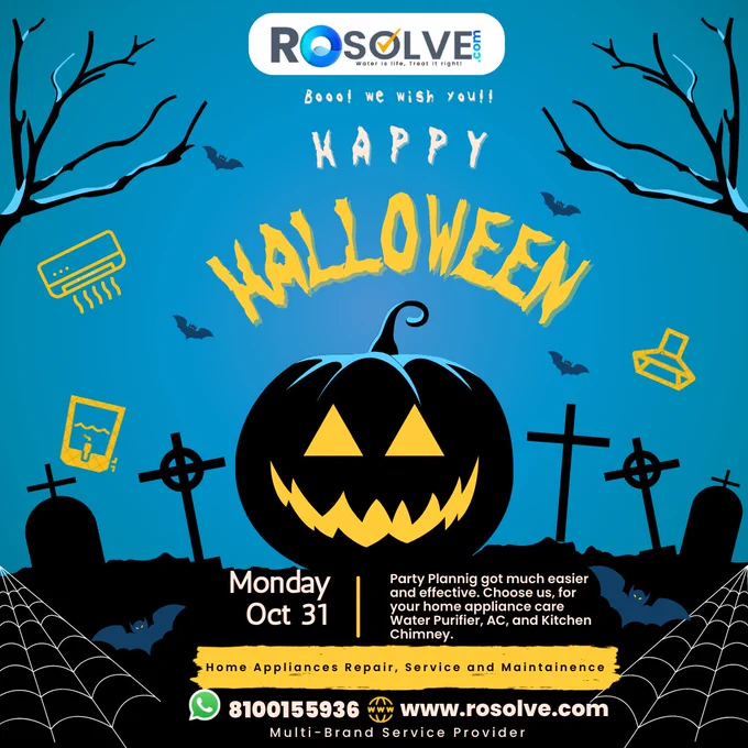 Happy Halloween! This Festive Season grab your opportunity for faster, better, and more effective service on home appliances.
Book service, repair, or install for Water Purifier, Kitchen Chimney, and AC. We are a multi-brand service provider.
Visit rosolve.com or WhatsApp/Call  91 8100155936
Proud service provider to more than 400 homes across Kolkata. 