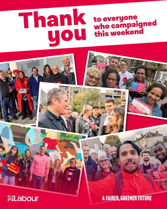 A red background with white and red text reading: Thank you to everyone who campaigned this weekend. Below is a selection of photographs of MPs and volunteers out on the Labour doorstep campaigning for the Labour Party. 