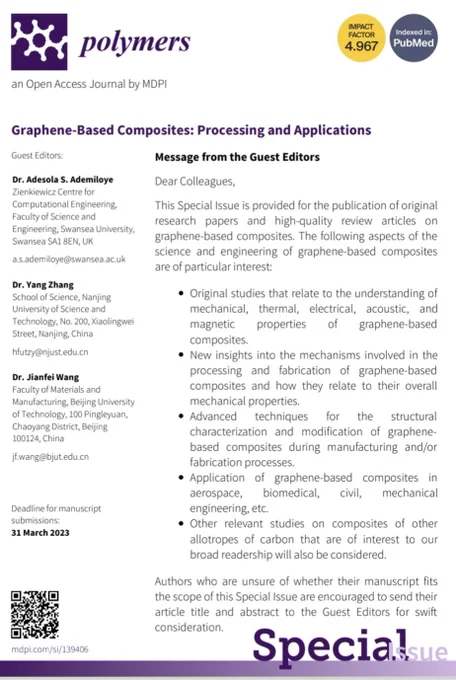 📢📢📢 #CallForPapers! We are seeking articles for a new special issue entitled "#Graphene-based #Composite: Processing and Applications" in @Polymers_MDPI. Guest edited by me (@ZienkiewiczCtr @SUSciEng), Dr Yang Zhang, and Dr Jianfei Wang. More info here: https://www.mdpi.com/journal/polymers/special_issues/TRHET739Y1