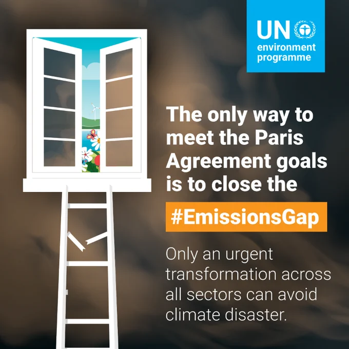 A window closing on a healthy green earth. On the inside, pollution and the following words: The only way to meet the Paris Agreement is to close the Emissions gap. Only an urgent transformation across all sectors can avoid climate disaster. 