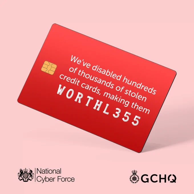 A credit card with the text 'We've disabled hundreds of thousands of stolen credit cards, making them worthless'.