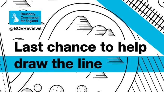 Image of cartoon map with blue horizontal line and bold text Last chance to help draw the line. Above is the BCE logo and handle @BCEReviews