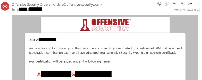 OSWE Certification Pass email from Offensive Security