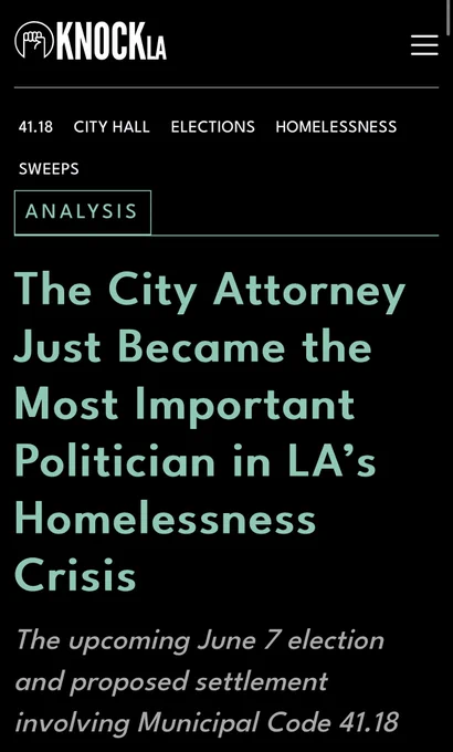 The City Attorney Just Became the Most Important Politician in LA’s Homelessness Crisis
The upcoming June 7 election and proposed settlement involving Municipal Code 41.18 could set the course on criminalization for years to come.