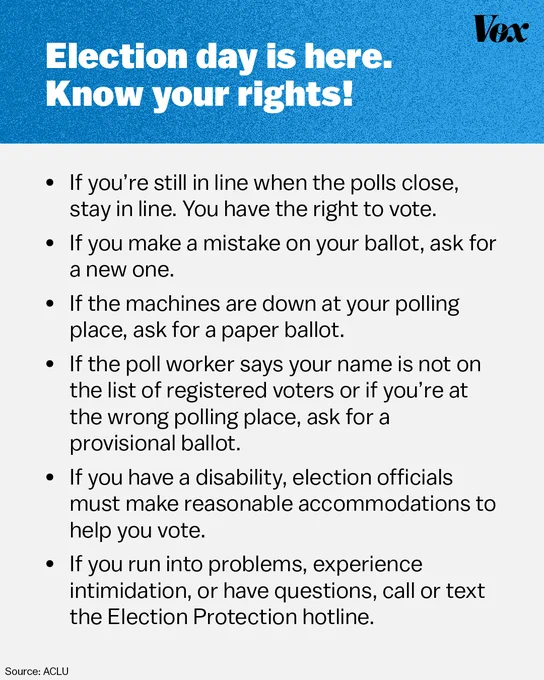 A graphic details your rights as a voter on Election Day. Those are:  * If you’re still in line when the polls close, stay in line. You have the right to vote.  * If you make a mistake on your ballot, ask for a new one.  * If the machines are down at your polling place, ask for a paper ballot.  * If the poll worker says your name is not on the list of registered voters or if you’re at the wrong polling place, ask for a provisional ballot.  * If you have a disability, election officials must make reasonable accommodations to help you vote.   * For voting information in American Sign Language, visit SignVote.  * If you run into problems, experience intimidation, or have questions, call or text the Election Protection Hotline.