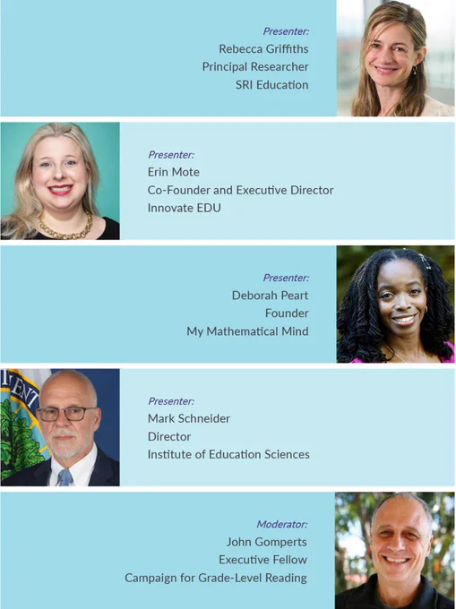 Graphic shows headshots of the following speakers: Rebecca Griffiths, Principal Researcher (SRI Education); Erin Mote, Co-Founder and Executive Director (Innovate EDU); Deborah Peart, Founder (My Mathematical Mind); Mark Schneider, Director (Institute of Education Sciences); and John Gomperts, Executive Fellow (Campaign for Grade-Level Reading). 