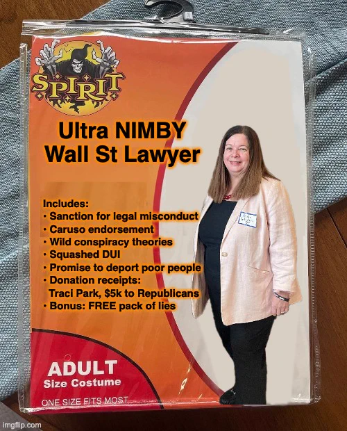 Halloween costume meme with a picture of Hydee Feldstein Soto, candidate for LA City Attorney

Meme text:
Ultra NIMBY Wall St Lawyer

Includes:
• Sanction for legal misconduct
• Caruso endorsement
• Wild conspiracy theories
• Squashed DUI
• Promise to deport poor people
• Donation receipts:
  Traci Park, $5k to Republicans
• Bonus: FREE pack of lies