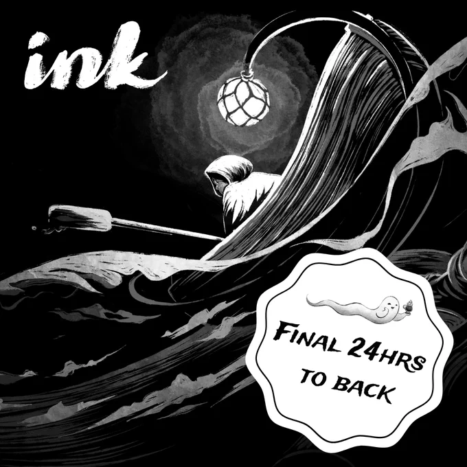 ink, final 24 hours to back! image of a person in a rowboat on a rough sea