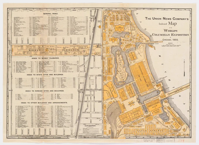 yellow and black printed map showing the layout of the Worlds Fair along the lake and its promenade inland with several indices to the locations
