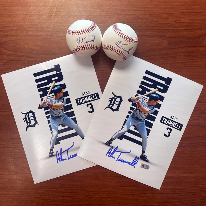 Two autographed Alan Trammell baseballs and authenticated Trammell graphic designed photo cards, also autographed. Winner receives both signed ball and signed photo, with two winners selected.