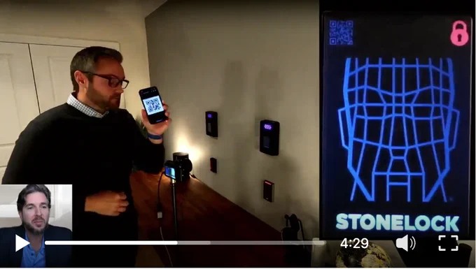 StoneLock GO access control reader demonstration with QR code enrollment.