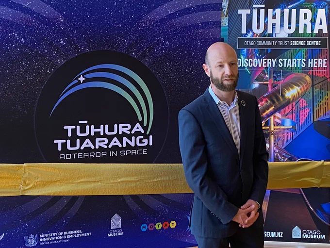 New Zealand Space Agency Policy Team Lead Dimitri Geidelberg gives a speech at the opening of the Tūhura Tuarangi – Aotearoa in Space roadshow in Bluff.