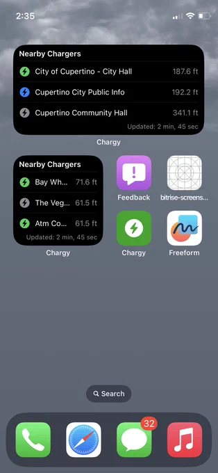 Automated screenshot in English showing two iOS Home Screen widgets for finding nearby EV chargers
