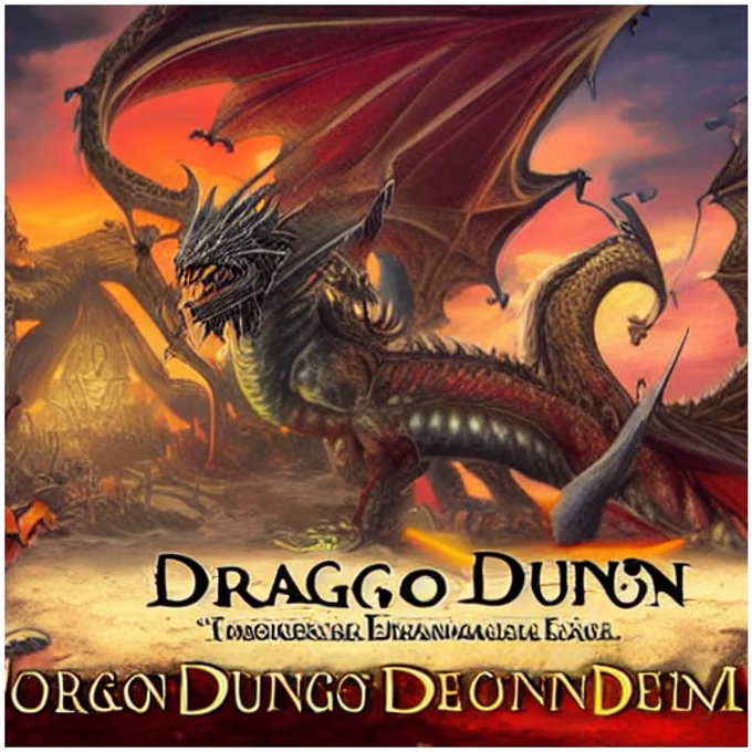 A dragon unleashes mass destruction. Text: "Draggo Dunn - ORGON DUNGO DEONN DELM"