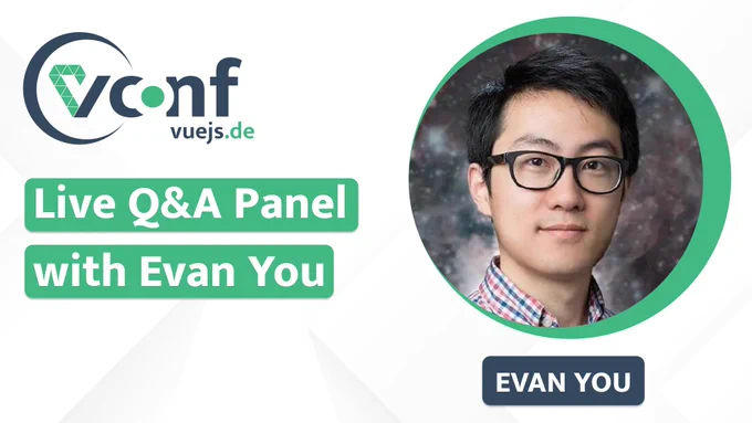 Banner from vuejs.de Conf 2022 presenting Evan You and his live Q&A Panel at the Conference.