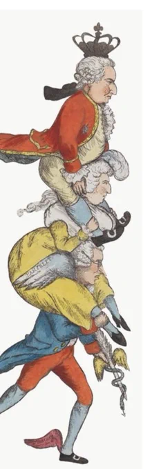 A winged figure of Edmund Burke, wearing glasses, red breeches, blue coat, carries Marie Antoinette, dressed in a yellow gown, on his shoulders. On her shoulders is Louis XVI in a red coat with a crown on his head