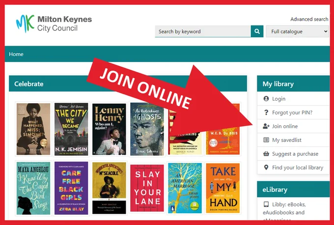 A screenshot of the library catalogue using a big red arrow to show you where the link to JOIN ONLINE is.