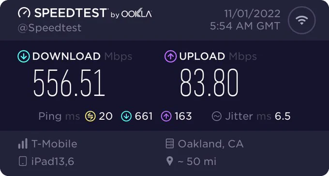 Screen capture: Speedtest.net results for T-Mobile 5g home internet. Download 557mbps, upload 84mbps. Look ma, no wires!