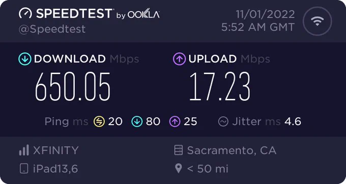 Screen capture: Speedtest.net speed results for xfinity cable modem home internet. Download 650mbps, upload 17mbps.