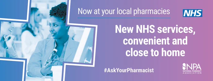 Photo of a pharmacist. Text reads: Now at your local pharmacies. New NHS services, convenient and close to home.