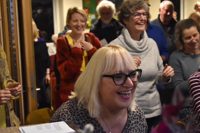 Some of our community choir in action at The Gregson Centre, Lancaster, taking part in a workshop rehearsal ahead of performing as part of our installation 100 Stories High