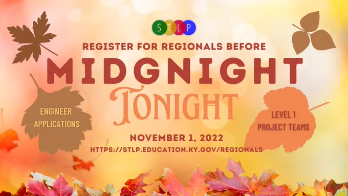 Image of falling leaves declares that registration for STLP Regionals closes by midnight on November 1st, 2022