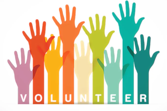 graphic of colorful arms raised in the air and the word volunteer at the bottom