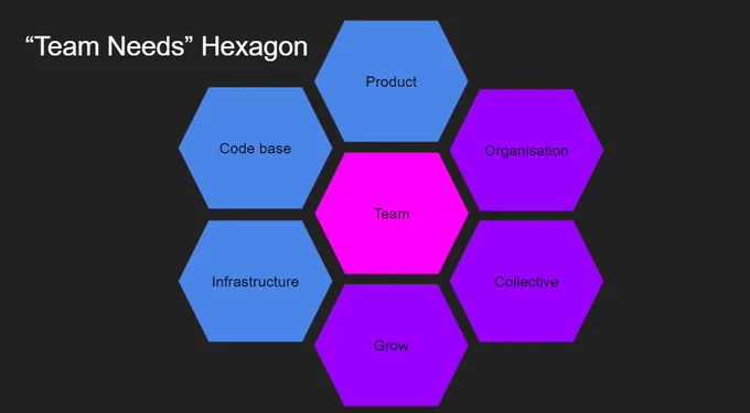 Hexagonal layout like a honeycomb with the central cell in pink, labelled team, 3 around that to the top left are coloured in light blue and labelled Product, Code Base and Infrastructure, 3 around to the bottom right are coloured in purple and labelled Organization, Collective and Grow.