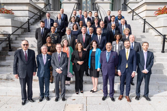 Vice President Harris stands outside the Eisenhower Executive Office Building for a group photo with 37 global partners and the private sector leaders. 