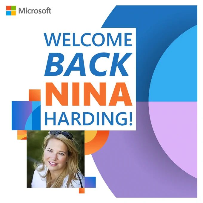 Rainbow lettering on a white background reads, “Welcome back Nina Harding!” There is a photo of Nina Harding underneath the lettering.