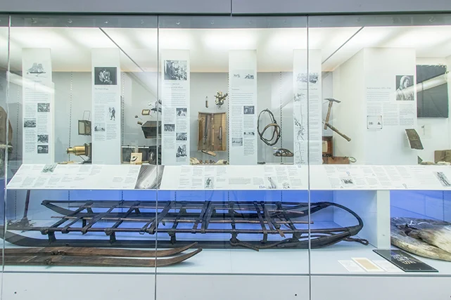 Showcase containing sledges and other objects that are too small to see well in the image.