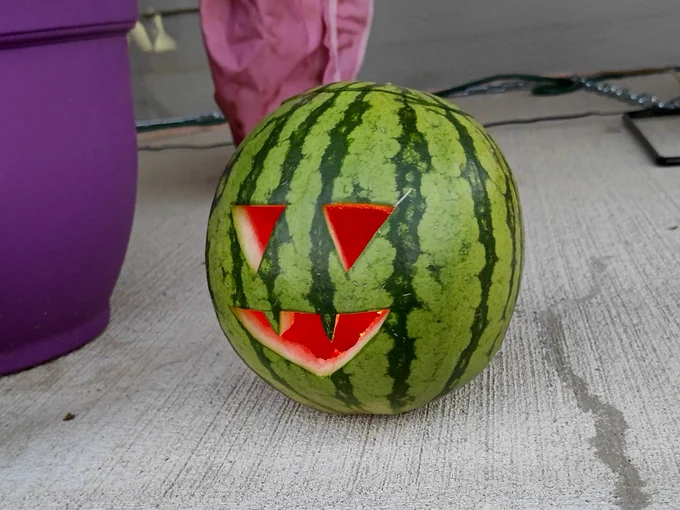 A small watermelon carved into a jack-o-lantern.
