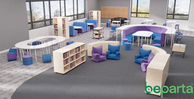 A school library showing a group of tables forming a large oval and 12 ottoman seats. 2 rotating book shelves. 2 sets of booth seating, comprising 2 lounges and a table in each. A group of 4 individual study carrels with acoustic surrounds and matching seating. 2 sets of high tables with 4 upholstered stools each. A large u-shaped furniture configuration which seats 24-26 students and includes stools, perch tables, lounges, central tables and ottoman seats. There are also 2 curved bookshelves, 2 straight bookshelves, a book organiser on wheels and a book re-shelving trolley. In the middle are 4 soft, foam-filled individual armchairs for reading.