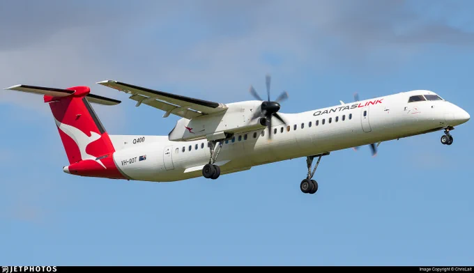 Qantas Dash 8 VH-QOT, operating today’s flight.