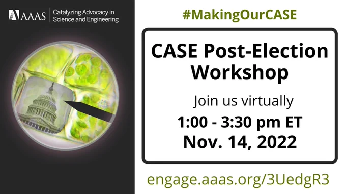 The left half of the image has a black background and a view through a microscope of plant cells with the Capitol building superimposed on a cell. The right half of the image has text on a white background: #MakingOurCASE, CASE Post-Election Workshop, Join us virtually 1:00-3:30 pm ET, Nov. 14, 2022, engage.aaas.org/3UedgR3