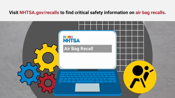 Computer graphic with text that reads NHTSA, Air Bag Recall